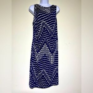 Tommy Bahama Size XL GEOMETRIC STRIPE Sleeveless Stretchy Midi Dress Navy White